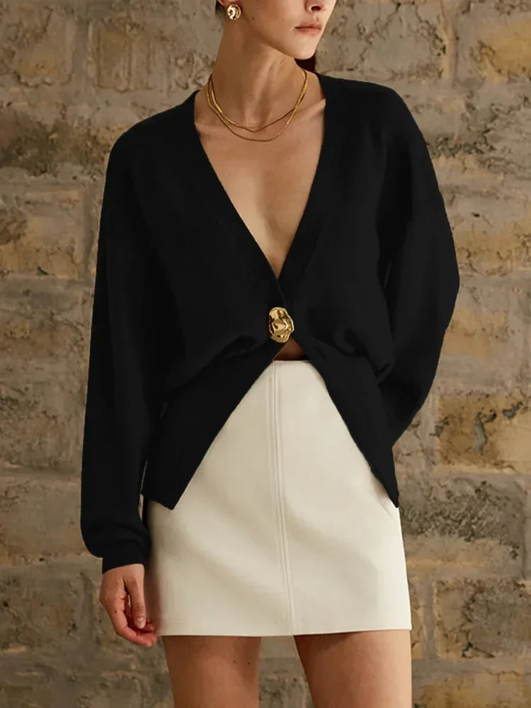 V Neck Golden Button Plain Cardigan