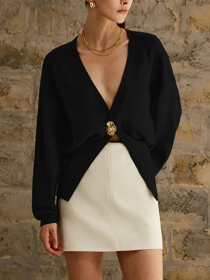 V Neck Golden Button Plain Cardigan