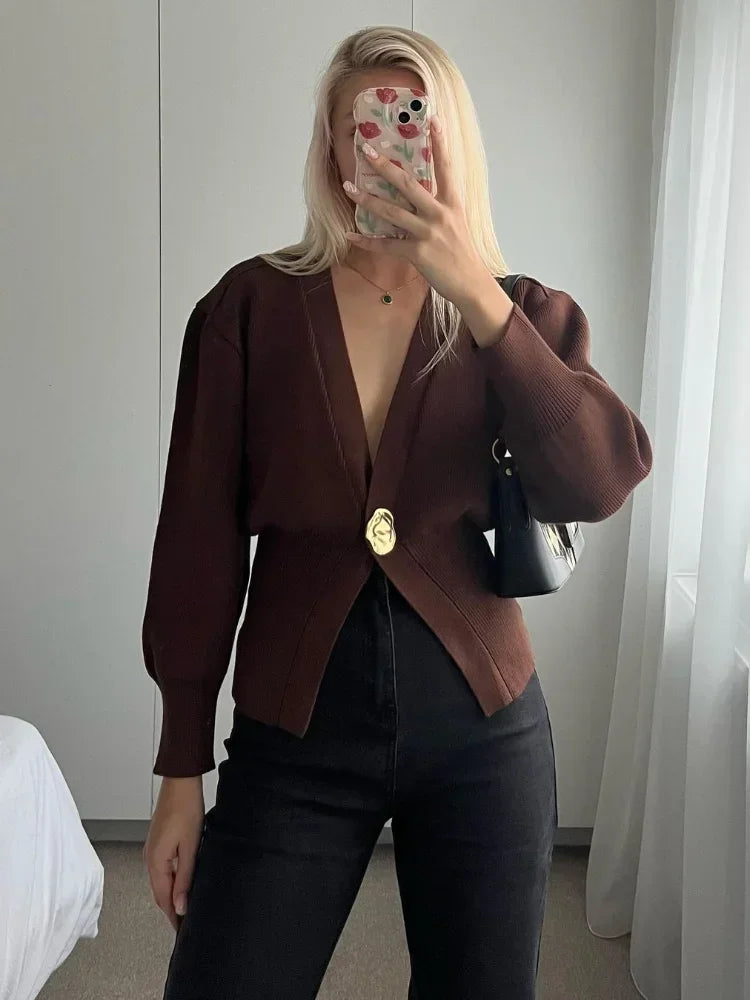 V Neck Golden Button Plain Cardigan