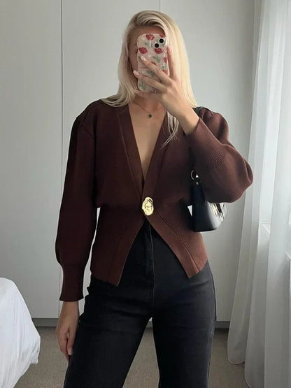 V Neck Golden Button Plain Cardigan