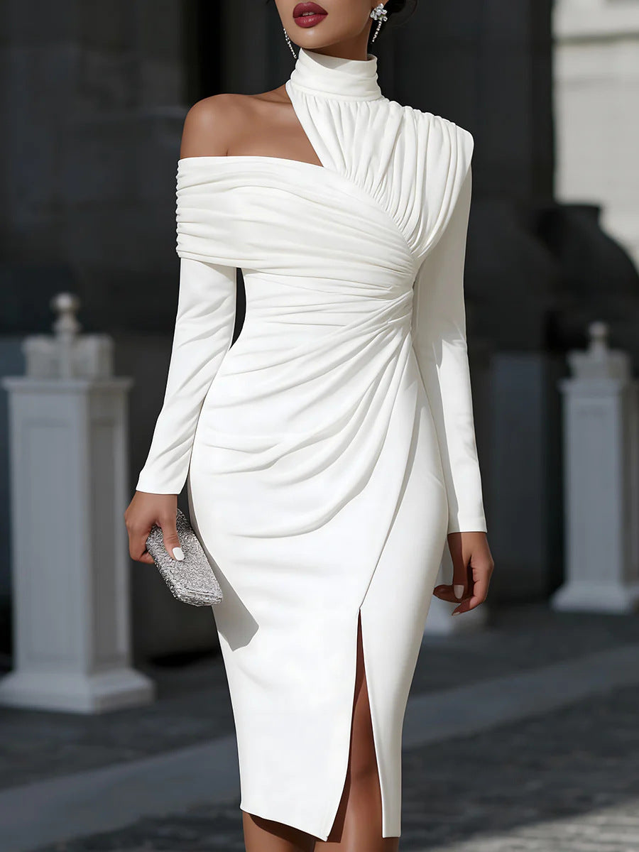 Elegant One-Shoulder Midi Dress - White