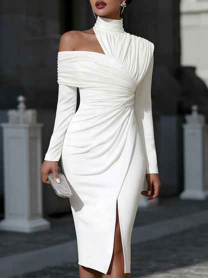 Elegant One-Shoulder Midi Dress - White