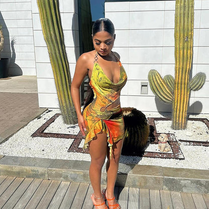 Mesh Navel Exposed Irregular Spaghetti-Strap Dress