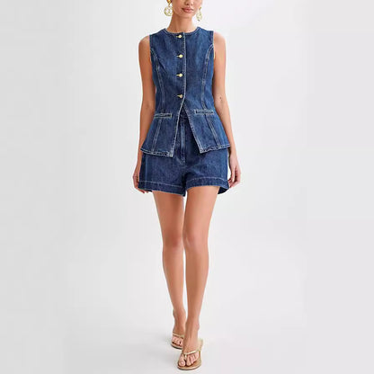 Fashion Casual Sleeveless High Waist Denim Suit