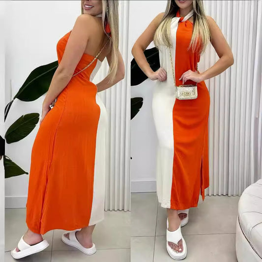 Solid Color Stitched Backless Split Dress