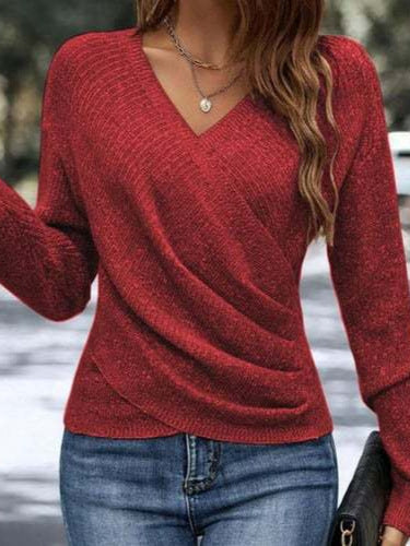 Hot-Selling V-Neck Long Sleeve Cross Solid Color Knitted Sweater