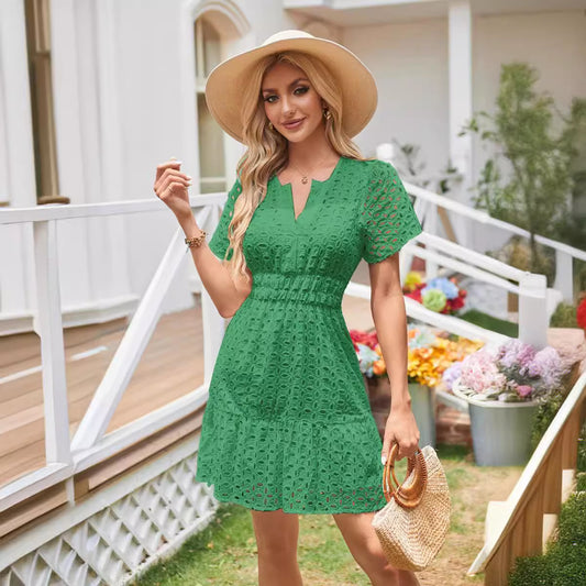 Hollow Lace Pleated Short Sleeves Mini Dress