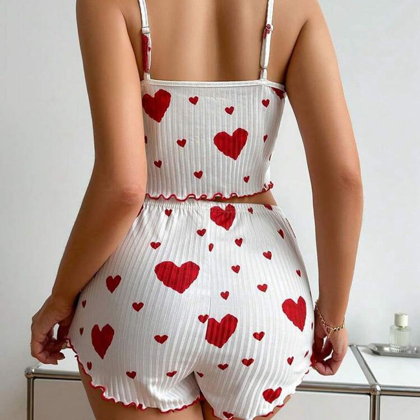 Stripe Heart Printing Sweet Spaghetti-Strap Pajamas