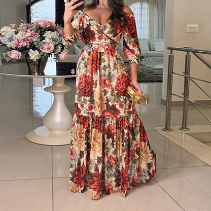 Fashion V-neck Printing Long Sleeve Dress