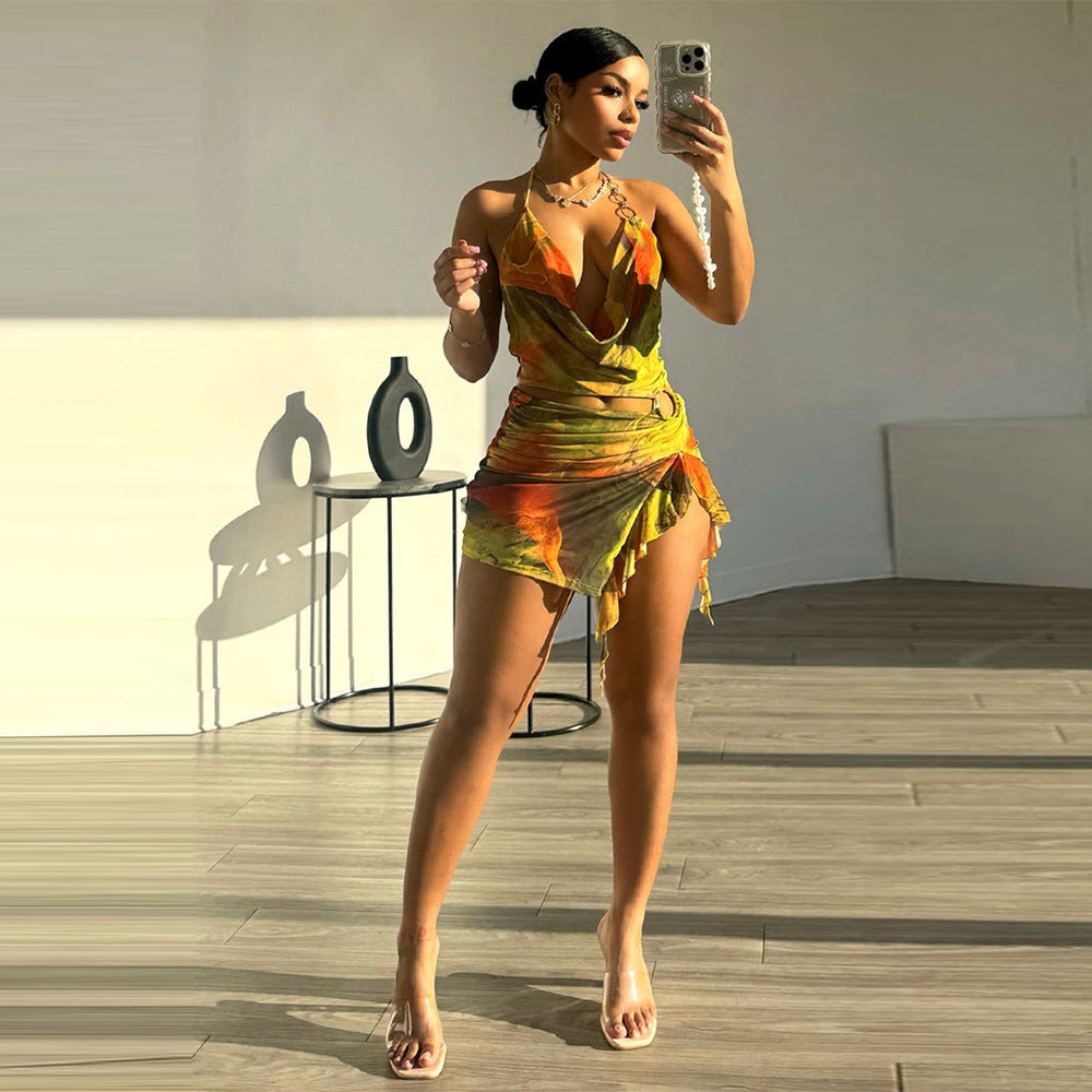 Mesh Navel Exposed Irregular Spaghetti-Strap Dress