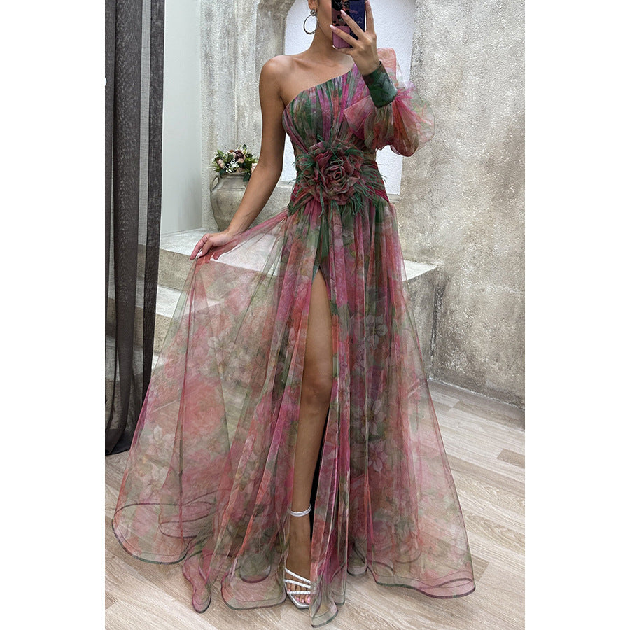New Party Mesh Sloping Shoulder Dress