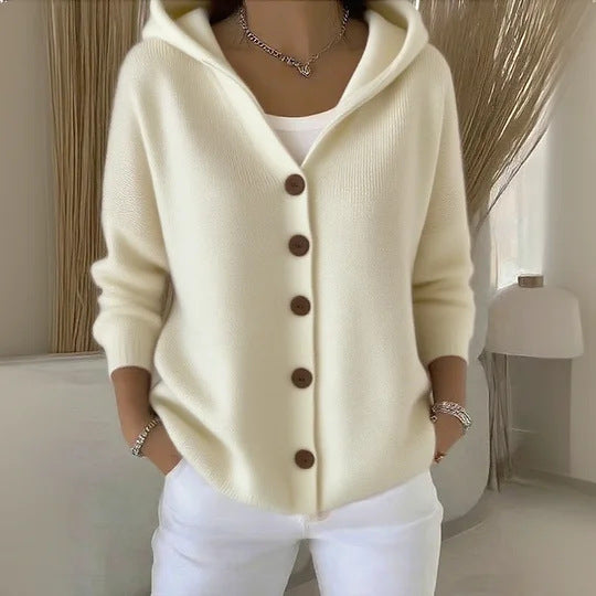 Solid Color Button Knitted Hooded Cardigan