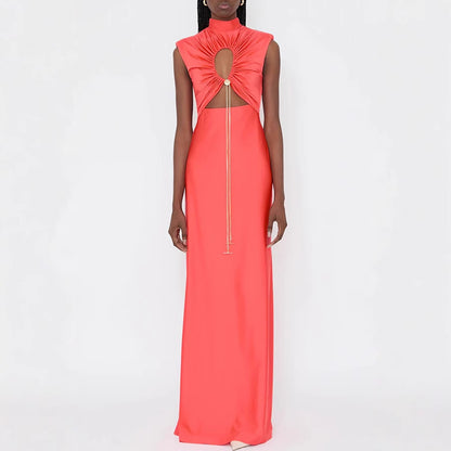 Solid Color Tie Neck Hollow Out Slim Fit Dress