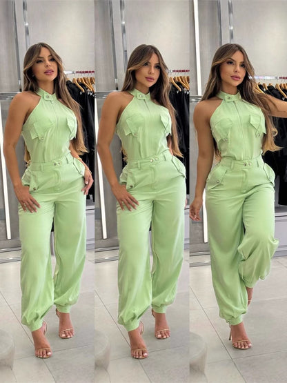 Sleeveless High Neck Cargo Pockets Design Top and Casual Cuffed Long Pants Set