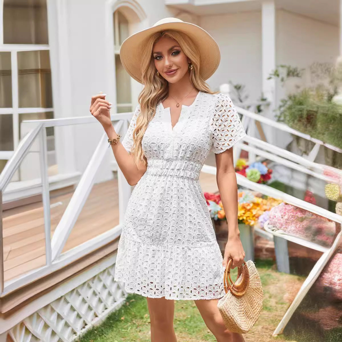 Hollow Lace Pleated Short Sleeves Mini Dress