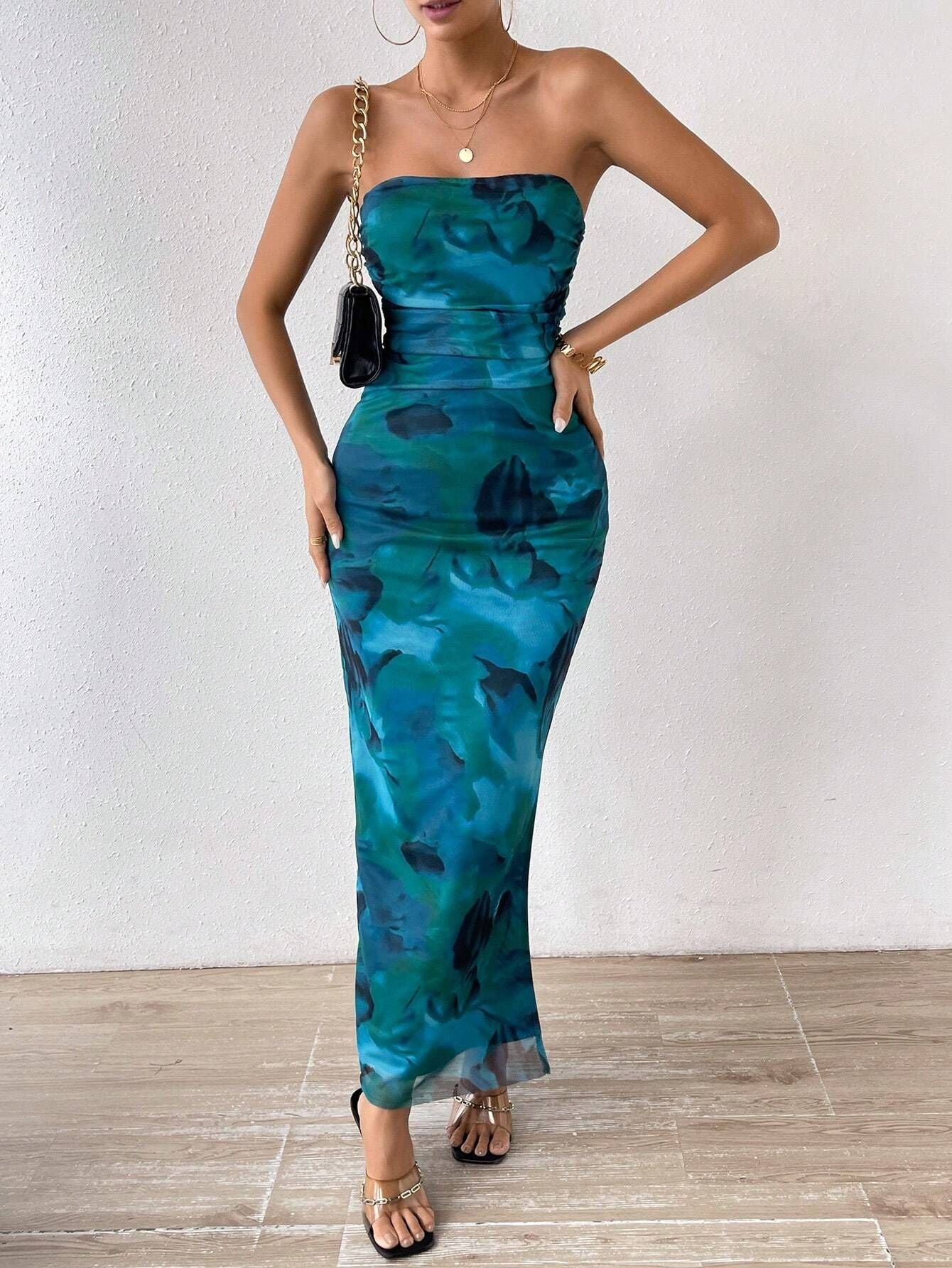 Mesh Floral Pleated Tight Strapless Tube Dress