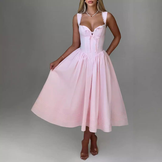 Fashion High Waist Backless Sling Solid Color Dress