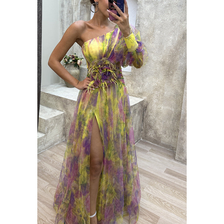 New Party Mesh Sloping Shoulder Dress