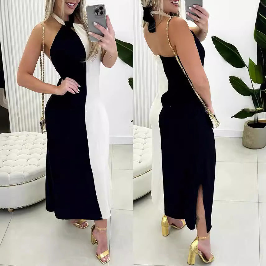 Solid Color Stitched Backless Split Dress