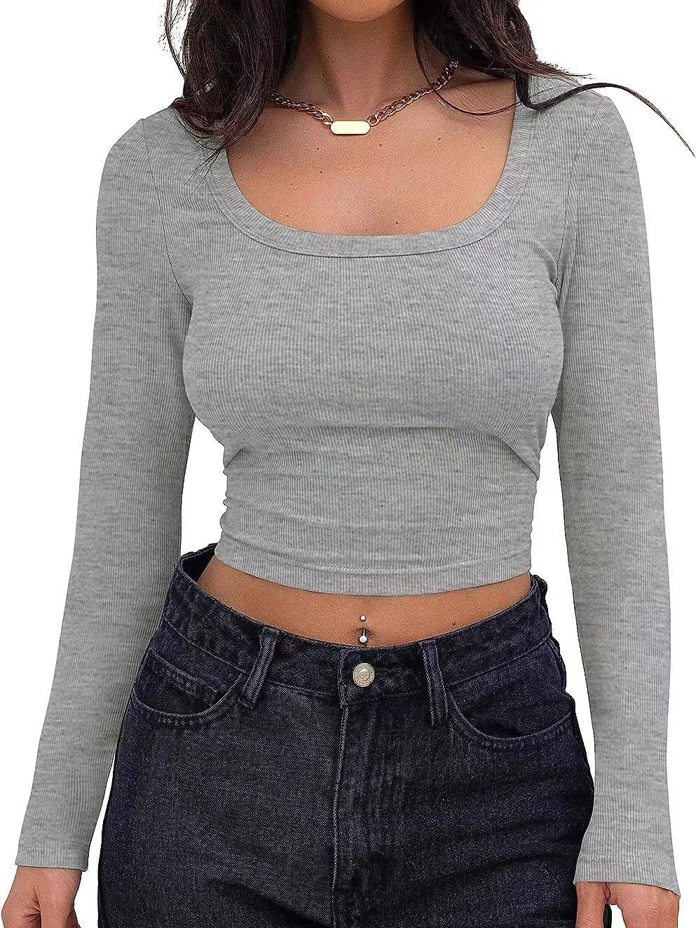 Slim-Fit Short Long Sleeve Square Neck T-shirt
