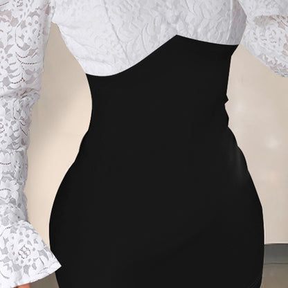Tight Waist Slim Fit V-neck Lace Splicing Package Arm Skirt