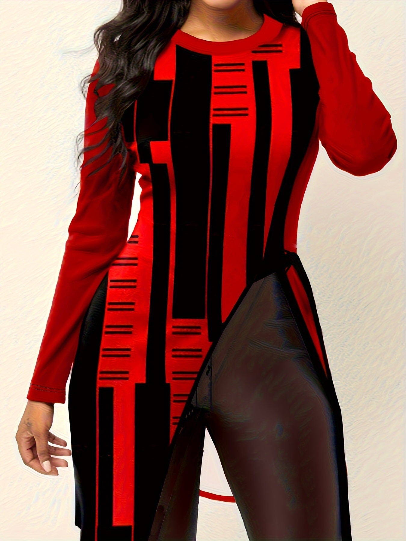 Printed Long Sleeve Crew Neck Split Midi Dress