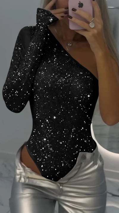 Sexy One-Shoulder Tight Rhinestone Sequins Bodysuit