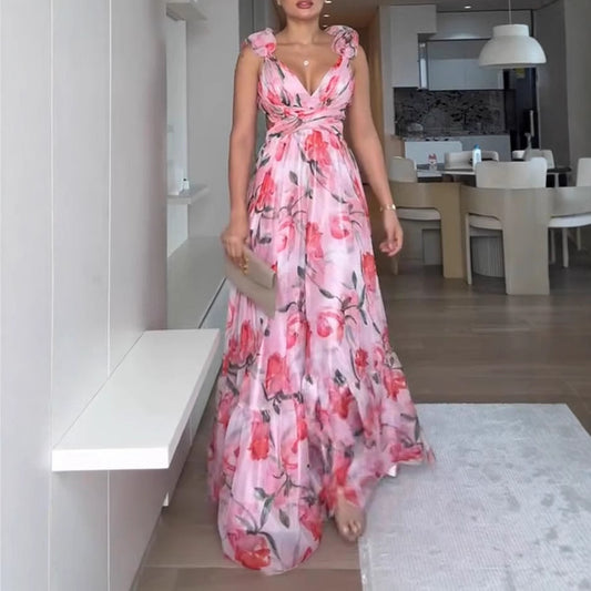 Vacation Style Sleeveless Slim Fit Waist-Cinching Printed Dress
