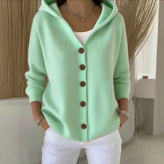 Solid Color Button Knitted Hooded Cardigan