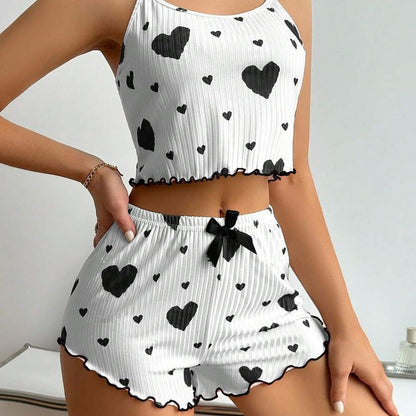 Stripe Heart Printing Sweet Spaghetti-Strap Pajamas