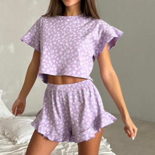 Ruffled Short Sleeve Round Neck Shorts Pajamas