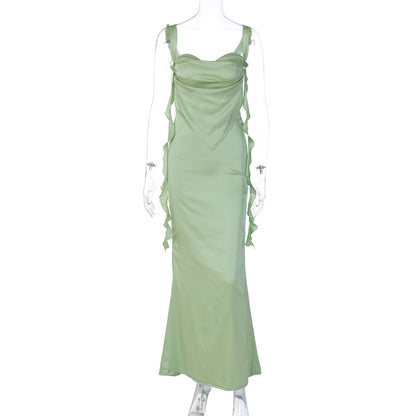 Strap Backless Ruffled Ribbon Dress