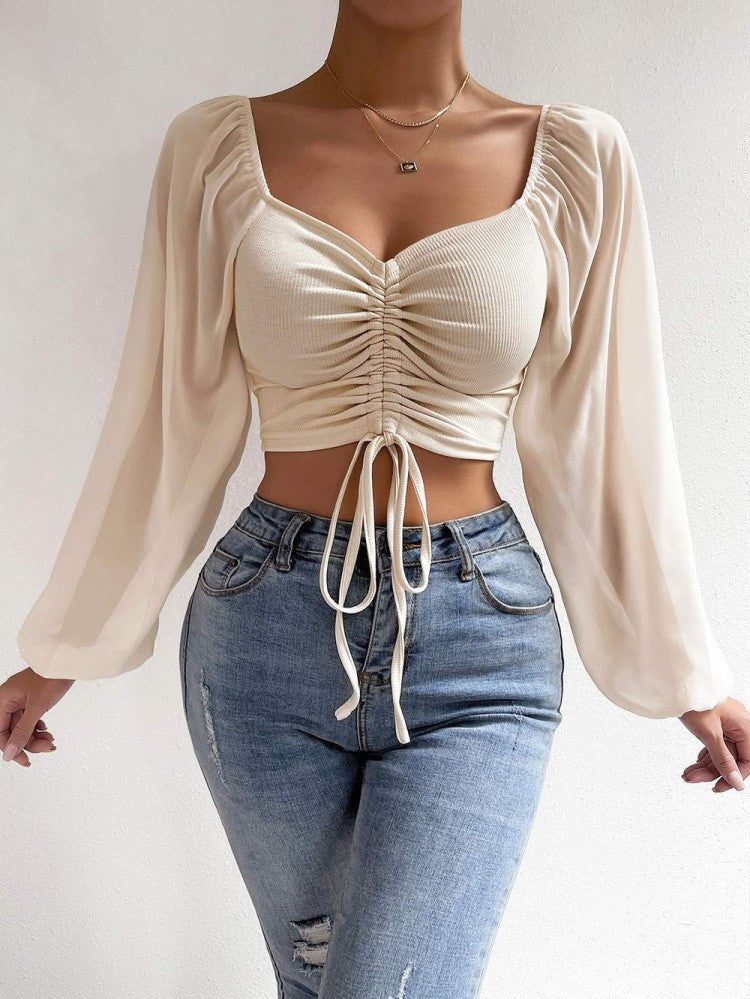 Low Cut Chiffon Patchwork Drawstring Bishop Sleeves Top