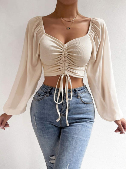 Low Cut Chiffon Patchwork Drawstring Bishop Sleeves Top