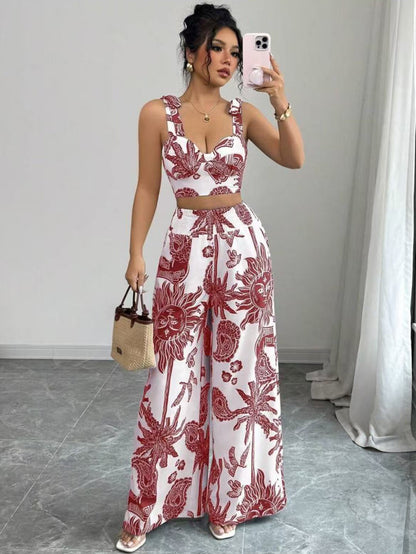Sexy V-neck Camisole Top & Loose Waistband Wide-leg Pants