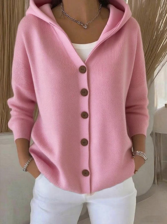 Solid Color Button Knitted Hooded Cardigan