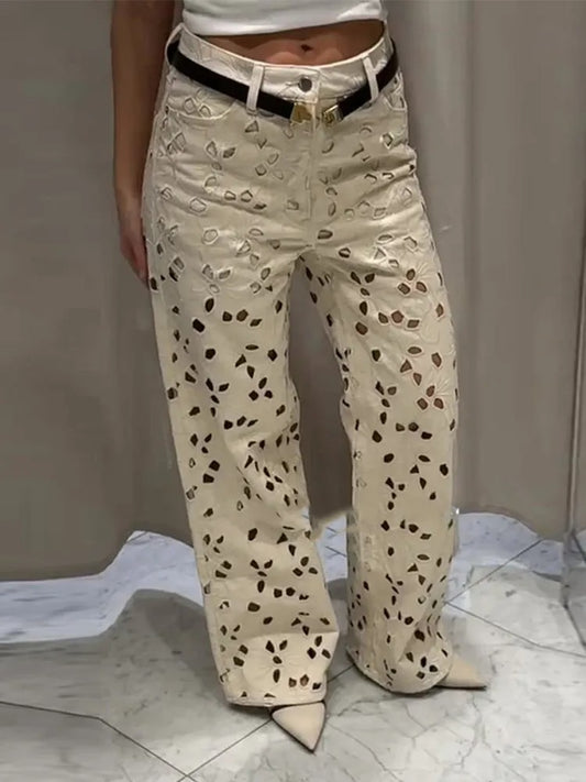 Chic Hollow Out High Waist Wide Leg Long Denim Pant