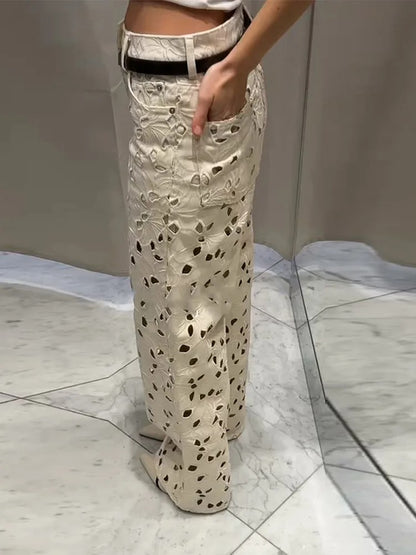 Chic Hollow Out High Waist Wide Leg Long Denim Pant